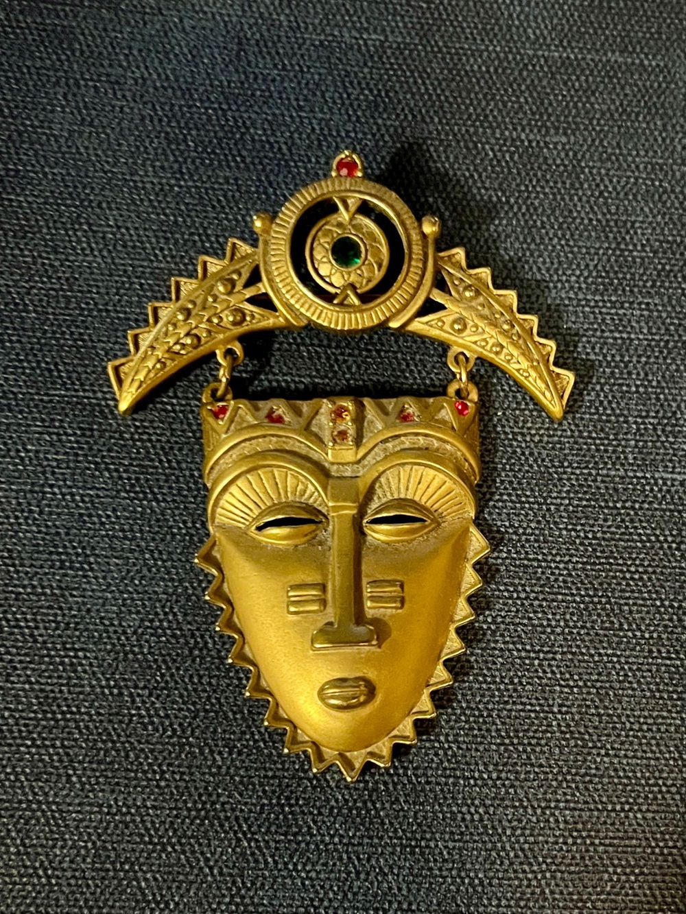 3” Gold-Tone Aztec Mask Pendant with Green & Red Accents - Picture 2 of 3